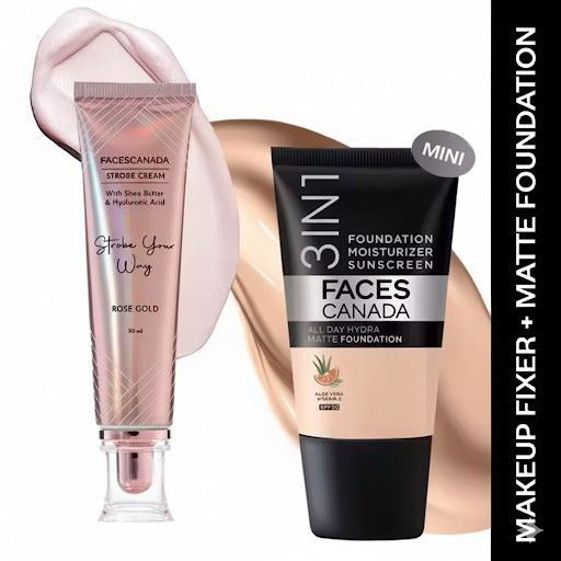 FACES CANADA Rose Glow Kit | Rose Gold Strobe Cream (30ml) + Warm Natural All Day Hydra Matte Mini Foundation (18ml) | Makeup Kit For Women (Combo Pack of 2)
