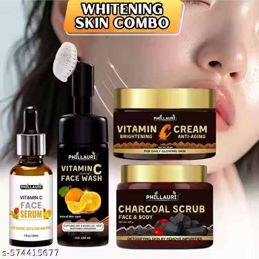 All in One Skin Combo Pack with Face Wash and Serum - Scurb & Vitamin C Cream Skin Lightening, Tan Removal & Deep Cleansing, Soft Smooth Healthy Hydrating Skin, Reduce Acne/Pimple/Oily Skin Daily Cleanser, Spot Removal, Anti Aging Combo Pack