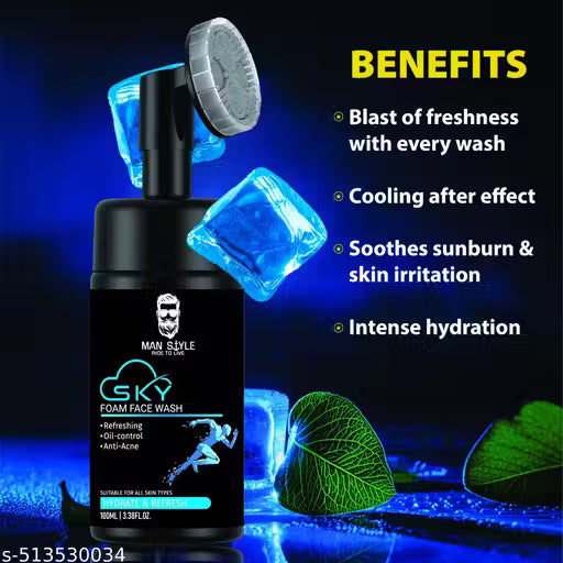Men Sky Foam Face Wash Fights Acne | Pimple Skin Whitening & Brightening- 100 ml & Skin Lightening Face Serum For Daily GloW & Brightrning Skin 30ml & Skin Lightening Face Srub De-tan And Exfoliate 100gm