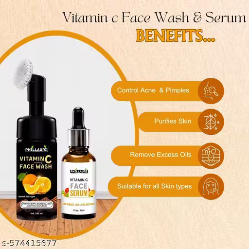 All in One Skin Combo Pack with Face Wash and Serum - Scurb & Vitamin C Cream Skin Lightening, Tan Removal & Deep Cleansing, Soft Smooth Healthy Hydrating Skin, Reduce Acne/Pimple/Oily Skin Daily Cleanser, Spot Removal, Anti Aging Combo Pack