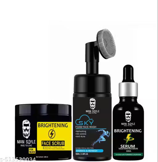 Men Sky Foam Face Wash Fights Acne | Pimple Skin Whitening & Brightening- 100 ml & Skin Lightening Face Serum For Daily GloW & Brightrning Skin 30ml & Skin Lightening Face Srub De-tan And Exfoliate 100gm