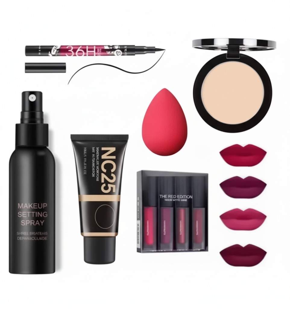 Makeup set ( fixer, foundation, compact, blender puff, 4in1 lipstick, eyeliner)