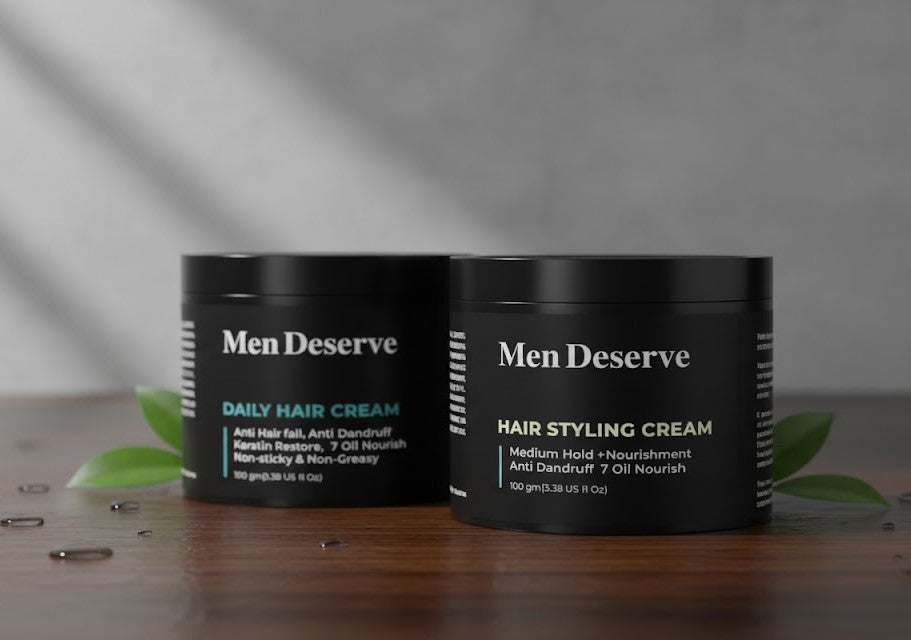 Men Deserve Daily Hair Cream (7 Oil Nourish) + Medium Hold Hair Styling Cream Anti-Dandruff | Combo Pack | For All Hair Types | 2 Items